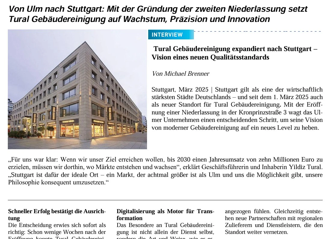 Pressebeitrag Tural Gebäudereinigung Ulm Stuttgart Reinigungsfirma Preise Facility Management Reinigungsdienst